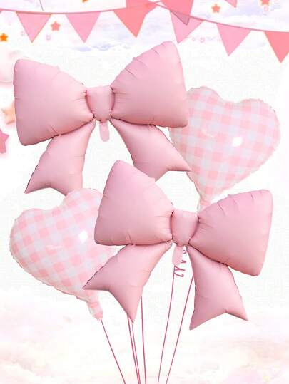 Set de 4 piezas con globos de corazón de helio en forma de lazo rosa y corazón de guinga, incluye un gran lazo rosa, globos de aluminio en forma de corazón rosa, adecuados para decoración de cumpleaños, despedida de soltera, boda, compromiso, aniversario, San Valentín, baby shower, fiesta de niña, fiesta de princesa, decoración de té, decoración de interior y exterior, revelación de sexo
