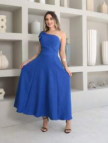 Helena Luxury Dune Linen Midi Dress With Bow On The Sleeve - Royal Blue - View 1