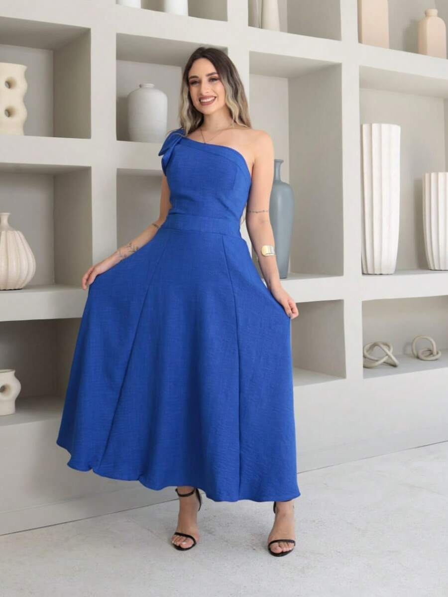 Helena Luxury Dune Linen Midi Dress With Bow On The Sleeve - Royal Blue - View 1