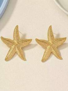 1 Pair Fashionable Stainless Steel Gold-Color Starfish Earrings, Elegant & Versatile Jewelry For Women, Suitable For Party, Travel, Daily Wear