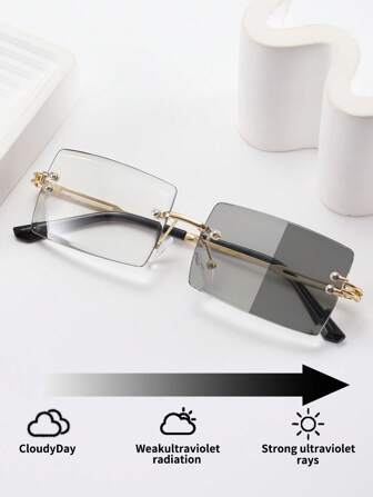 1pc Frameless Rectangular Metal Photochromic Fashion Glasses, Fashionable For Outdoor, Travel, Driving For Summer Beach Vacation,Outdoor,Travel