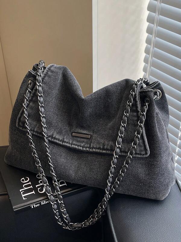 New Fashion Casual Solid Color Denim Fabric Metal Chain Handle Flap Women Shoulder Bag