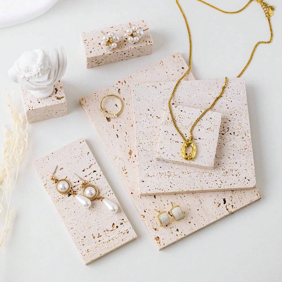 1PC Natural Hole Stone Jewelry Tray - Vintage Marble Ring Dish For Earrings & Necklaces, Boho Photo Prop For Jewelry Display, Aesthetic Jewelry Organizer Plate, Decorative Storage Dish For Women, Bridesmaid Gift Organizer Storage Box Travel Gifts Back To School - Multicolor - View 1