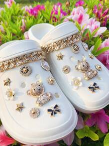 Set de 20 piezas Decoración con cadena de oso dorado de rhinestone completo para zapatos de jardín DIY, accesorios extraíbles para sandalias/pantuflas de estilo campus, adecuado para todas las temporadas y regalos festivos