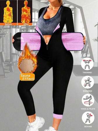3in1 Sauna Sweat Suit Sports Waist Trainer For Women Tummy Control, Full Body Long Sleeve Shapewear Pants Waistband Leggings Corset BodySuit Jumpsuit Workout Women Sets