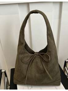 1PC Vintage Suede Casual Shoulder Handbag, Letter Embossed Bow Decoration Drawstring, Large Capacity - Black - View 17