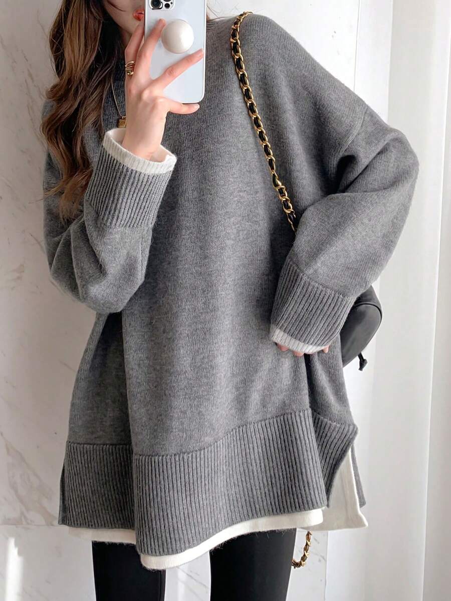 女性休閒簡約風領帶毛衣,優雅優美 - 灰色 - 查看 1