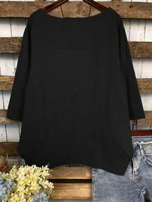 Women's Solid Color Asymmetrical Pocket Loose Casual Shirt - Black - View 4