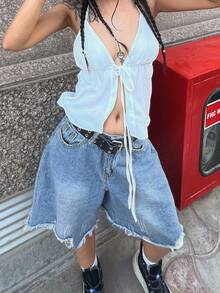 Shorts Bermudas de mezclilla holgados y desgastados para mujer - Azul - Ver 7