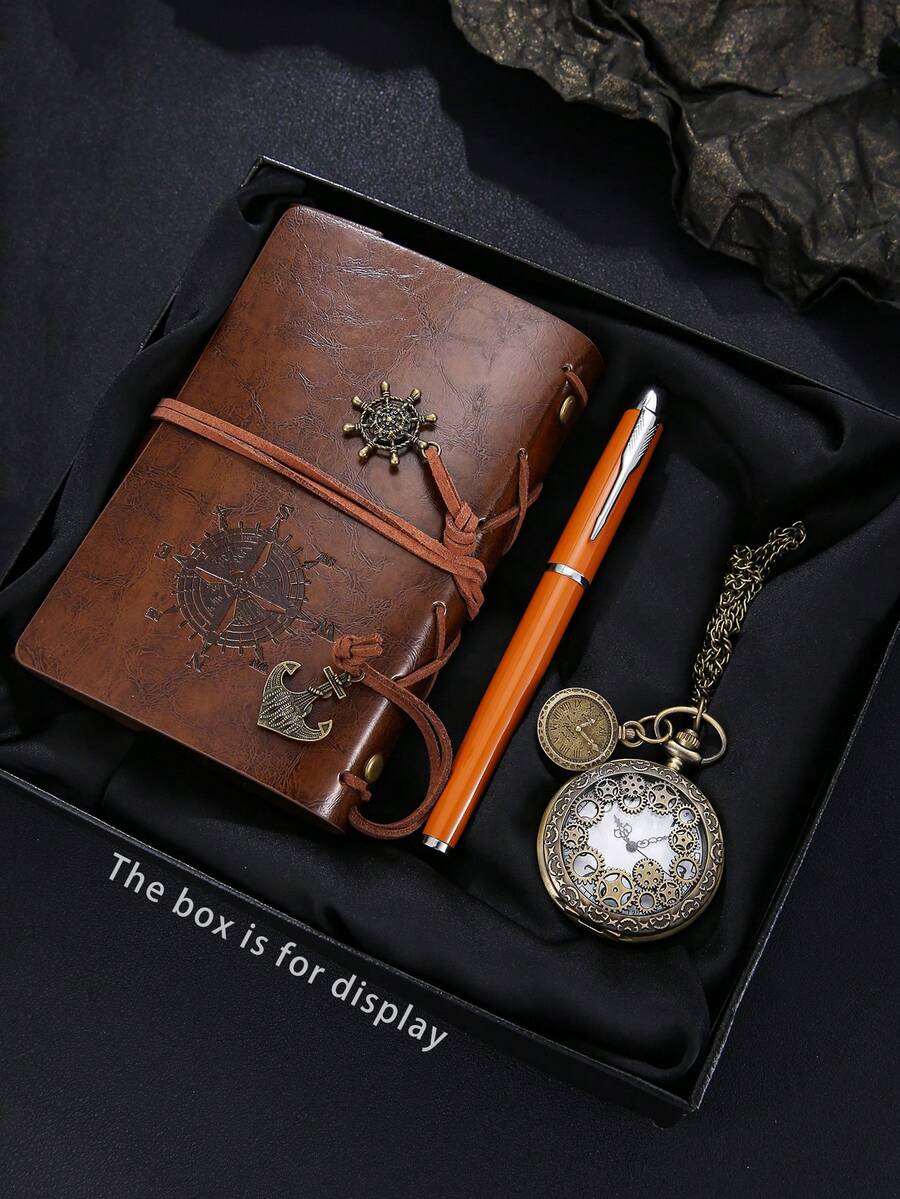 3-In-1 Set: Fashion Business Leather Notebook, Quartz Pocket Watch, Ballpoint Pen, Gift For Men