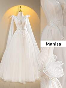 Summer Graceful Solid Color Tulle Lace Shawl Trailing Wedding Dresses For Bride - White - View 7