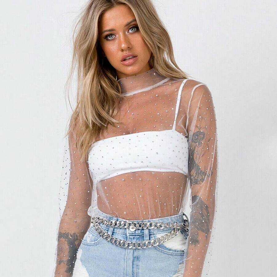 Mesh Long Sleeve Top For Women, Lace Sheer Tops See Through Mock Neck Floral Embroidery Sheer Blouce Fishnet Shirt - 白色 - 查看 1