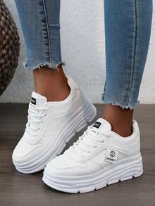 2025 New Women Fashion Plain Color Thick Sole Casual Vulcanized Sneakers, Student Sports Flat Shoes, Wear-Resistant, Autumn - White - View 3