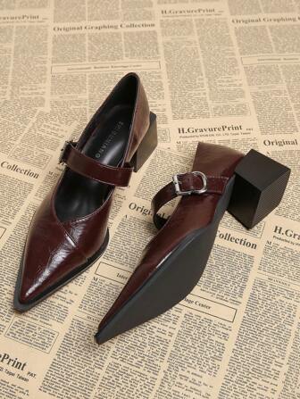 2025 Spring New Pointed Toe Low Vamp High Heel Shoes, Elegant Simple Fashion Versatile Women Shoes, High Quality Burgundy Chunky Heel Pumps Combo