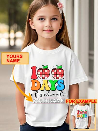 Gokntee [De vuelta a la escuela] 100 días de escuela diseño creativo de manzana, personalizable con tu nombre, camiseta de moda para niñas con estampado de impresión, parte superior deportiva de manga corta para niñas, ropa infantil, . Color blanco