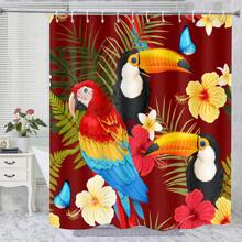 [Popular Choice] 1pc/4pcs Bathroom Shower Curtain Set, Bathroom Decor, Bathroom Mat, Featuring Parrot, Macaw, Tropical Plants, Poodle Patterns, Four Seasons Themed Decoration, Classic Luxury Style Bathroom Accessories, Includes 12 Hooks Fall Decor Back To School