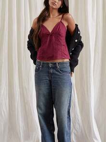Women Y2k Crop Tank Top Low Cut Sleeveless Cami Top Sexy V Neck Spaghetti Strap Camisoles Summer Going Out Top - 酒紅色 - 查看 4