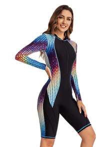 Women's One Piece Long Sleeve Swimsuit Women's Zip Printed Surf Suit Women's Sports Swimwear,Summer Holiday Outfits,Beach Vacation Outfits For Women - 黑色 - 查看 6