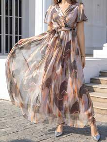 V领荷叶边短泡泡袖印花女士度假连衣裙，夏季优雅款 - 彩色 - 查看 4