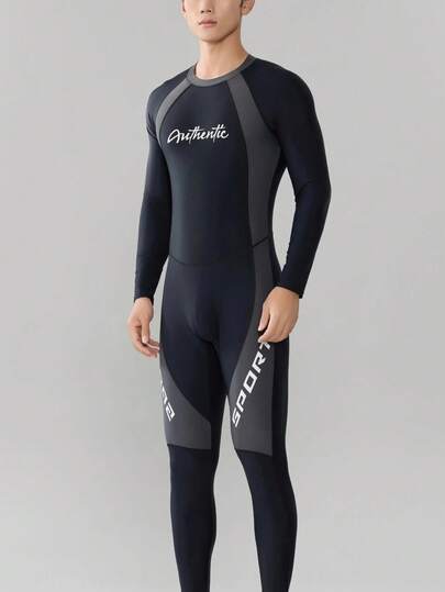 1pc Men's One Piece Swimsuit, Letter Print Solid Color Sports Swimwear With Long Sleeve & Pants, High Stretch Form-Fitting, With Padding, Suitable For Spring/Summer Beach, Swimming, Surfing, Sun-Protection, Quick Drying Knitted Fabric