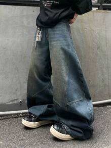 1 pieza Jeans rectos con diseño de parches y lavado vintage desgastado de ajuste holgado para hombre (El producto no incluye cinturón ni accesorios), estilo emo
