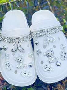 18pcs DIY Rhinestone Silver Bear & Metal Chain Decor Clips, Detachable Shoe Charms For Hollow Shoes/Sandals, All Seasons, Suitable As Gifts