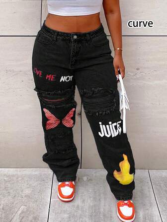 Damen Mode Street Style bedruckte Jeans mit mittlerer Taille, Taschen und geradem Bein