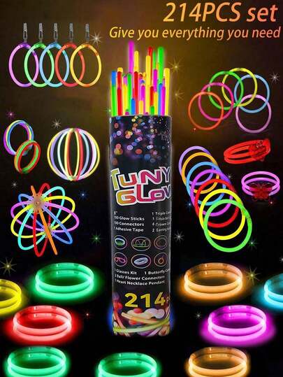 214支彩色荧光棒。这些荧光棒亮度极高，是一种可以发出柔和强光的照明产品。它们在黑暗中也能发光。这些超亮棒状荧光棒在黑暗中可以持续发光10到12小时。它们有多种颜色，可以用来制作手链、派对眼镜、项链、耳环和球形装饰品。