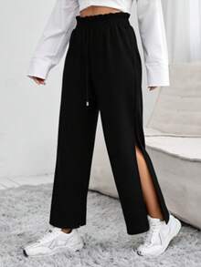 Pantalón ancho holgado pretina elástica mujer casual calor fresco suave verano primavera - Negro - Ver 1