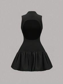 Vestido ajustado  Sin Mangas  de mujer Y Con Escote En La Espalda, De Verano Con Dobladillo De Flores De Color Sólido Y Corte Entallado - Negro - Ver 2