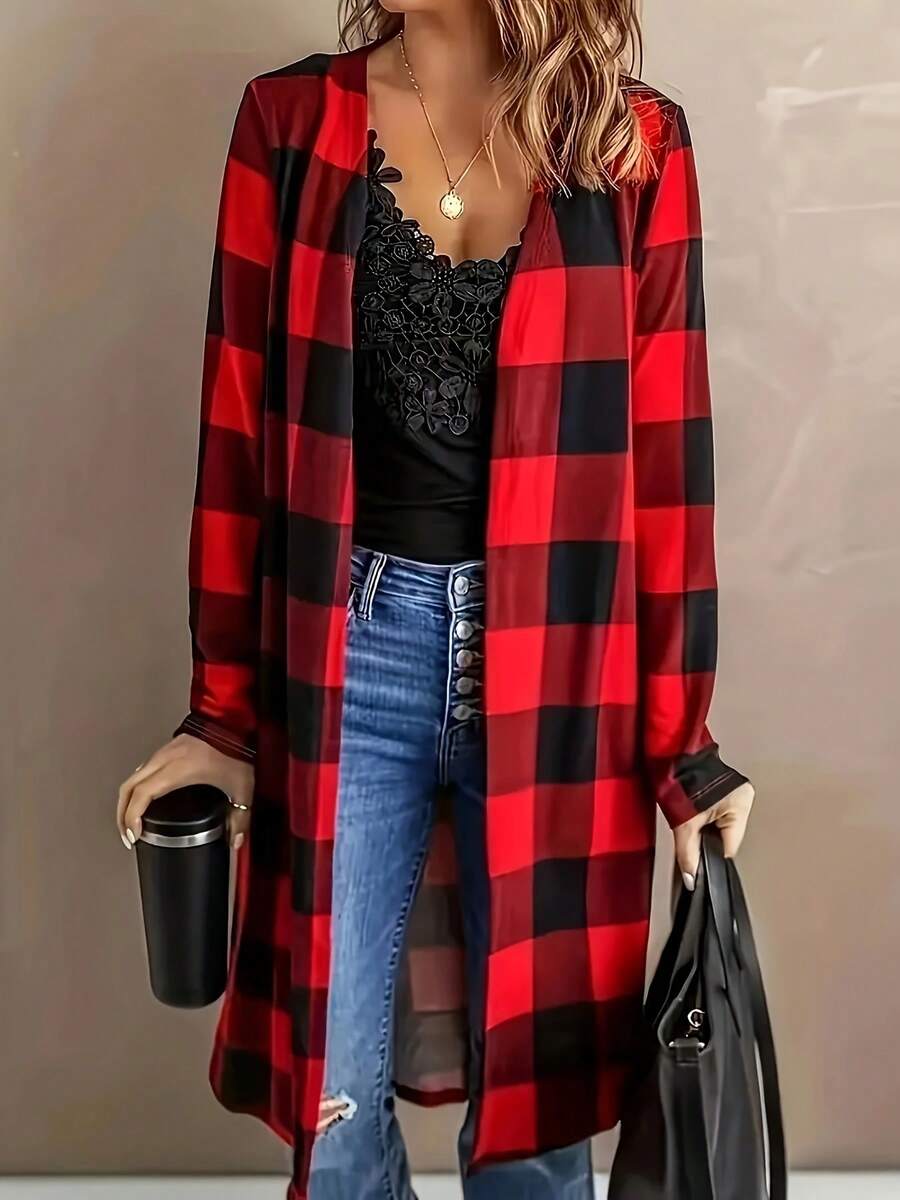 Plus Size Fashionable Casual Red & Black Plaid Mid-Length Jacket - Red - View 1