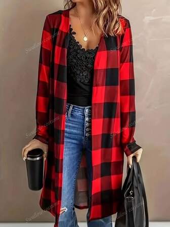 Plus Size Fashionable Casual Red & Black Plaid Mid-Length Jacket