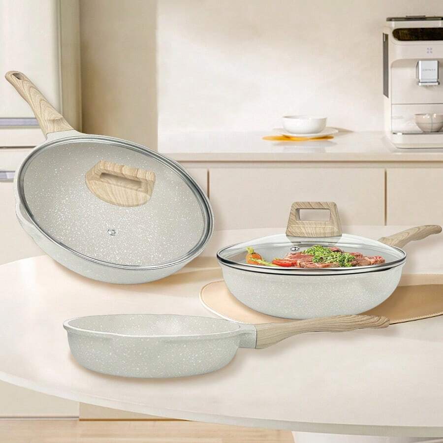 1pc/5pcs Aluminum Cookware Set, Frying Pan With Lid, Double Pouring Spouts, Thickened Bottom, Non-Stick Coating Wooden Handle Easy To Clean, Multi-Size Available, Suitable For Various Stove, Kitchen Cooking - Beige - View 1