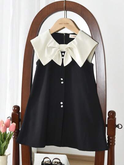 Young Girls Color Blocked Lapel Sleeveless Dress Sweet And Cute Style Suitable Wear In Summer
