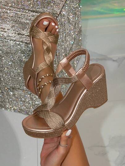 Women's Round Toe Retro Woven Comfortable Slip-On Champagne High Heel Shoes, Outdoor Non-Slip Casual Platform Wedge Beach Holiday Sandals