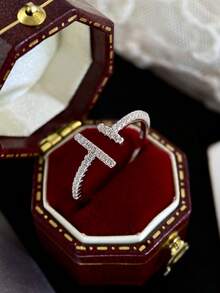 1pc S925 Silver Adjustable Open Ring, Women's Fashion Rhinestone Jewelry, Exquisite Gift For Girls, Friends, Family - Long and Short Open Ring - View 4