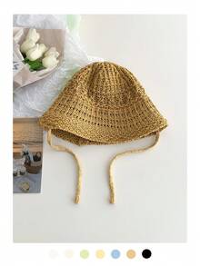 1 Pc Lace Trim Hollow Straw Hat For Women, Summer Lightweight Breathable Small Face Bucket Hat, Large Brimmed Bucket Hat - Straw - View 26