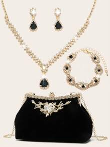 Conjunto de joyas de mujer con cristales de aspecto brillante, lujoso conjunto de joyas con cristales de agua que incluye collar, aretes y pulsera. Bolso de fiesta suave con cristales tallados. Bolso de mujer de fiesta personalizado para novia y boda, bolso elegante y brillante.