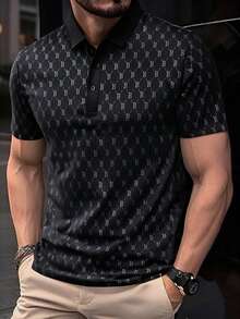 Men's Summer Ice Silk Breathable Polo Shirt, Soft Skin-Friendly Collared T-Shirt, Short Sleeve Letter Print Business Casual Tops, Emo - Black - View 1