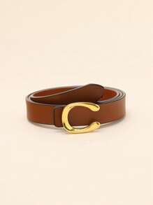 1 pezzo Cintura per donna in ecopelle marrone con decorazione in lettere e fibbia piatta dorata a forma di C, versatile corsetto in vita per valorizzare e mettere in risalto la figura, elegante