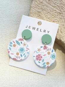 1 Pair Women Elegant Cute Floral & Grass Print Random Pattern Acrylic Round Dangle Earrings, Ceramic Texture