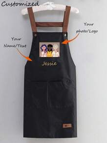 1pc Customized Black Kitchen Cooking Apron, Modern Polyester Oil-Proof Apron, Black Kitchen Apron, Polyester Apron For Garden, Kitchen And Housework Perfect For Home, Restaurant, And Kitchen Cooking