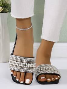 Women Summer New Faux Pearl & Rhinestone Decoration Open Toe Flat Slides Sandals, Solid Color Strap Casual Fashion Mule Shoes - Black - View 2