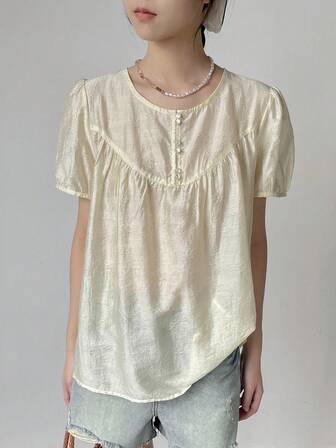 Blusa casual de mujer de cuello redondo, manga corta, diseño de botones y unicolor, para verano
