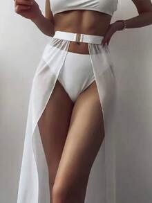 Women Sarongs Solid Color Mesh See-Through Open Front High Waist Beach Skirts Summer Bikini Bottoms Cover Up - White - View 2