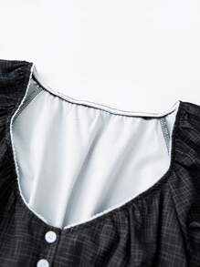 Women Plaid Tops Slim Button-Up V Neck Puff Sleeve T-Shirt Casual Summer Streetwear