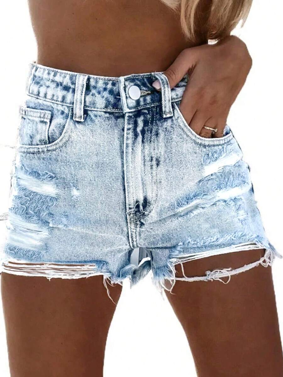 STLY Women High Waist Distressed Vintage Denim Shorts, Classic Streetwear Rebel Style With Frayed Hem Design, Slim Fit Light Blue Washed Jeans Shorts - Baby Blue - View 1