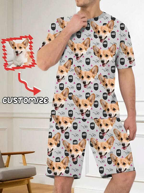 2pcs/Set Men Customized Pet Face Polo Collar Top & Shorts, Casual & Comfortable