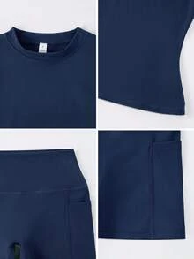 NcmRyu 女士舞蹈休闲运动健身甜美短袖提臀短裤运动套装 - 藍色 - 查看 4