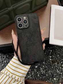 1pc Luxury Deer Antler Pattern Leather Full-Body Protective Shockproof Anti-Scratch Phone Case Compatible With Iphone 15/16 Pro Max - Black - View 2